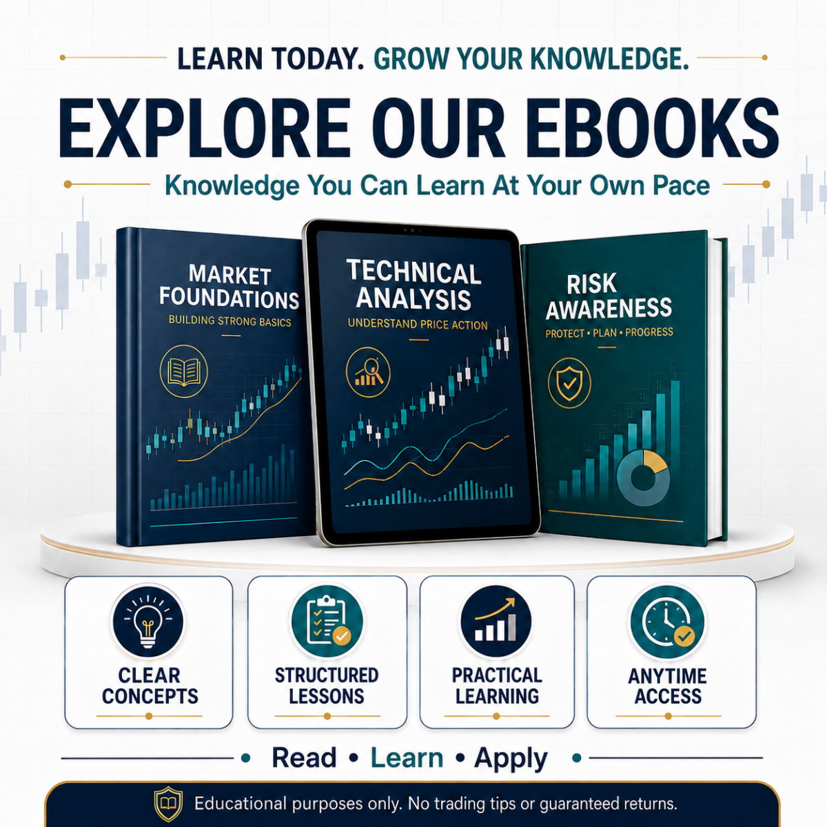 Educational trading ebooks covering market foundations, technical analysis and risk awareness