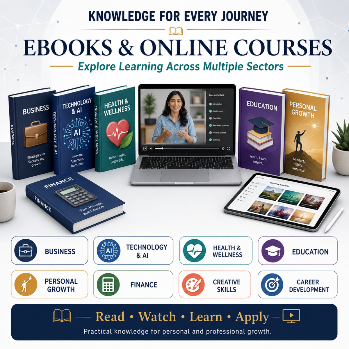 Multi-sector ebooks and online courses covering business, technology, health, education, finance, personal growth, creative skills and career development