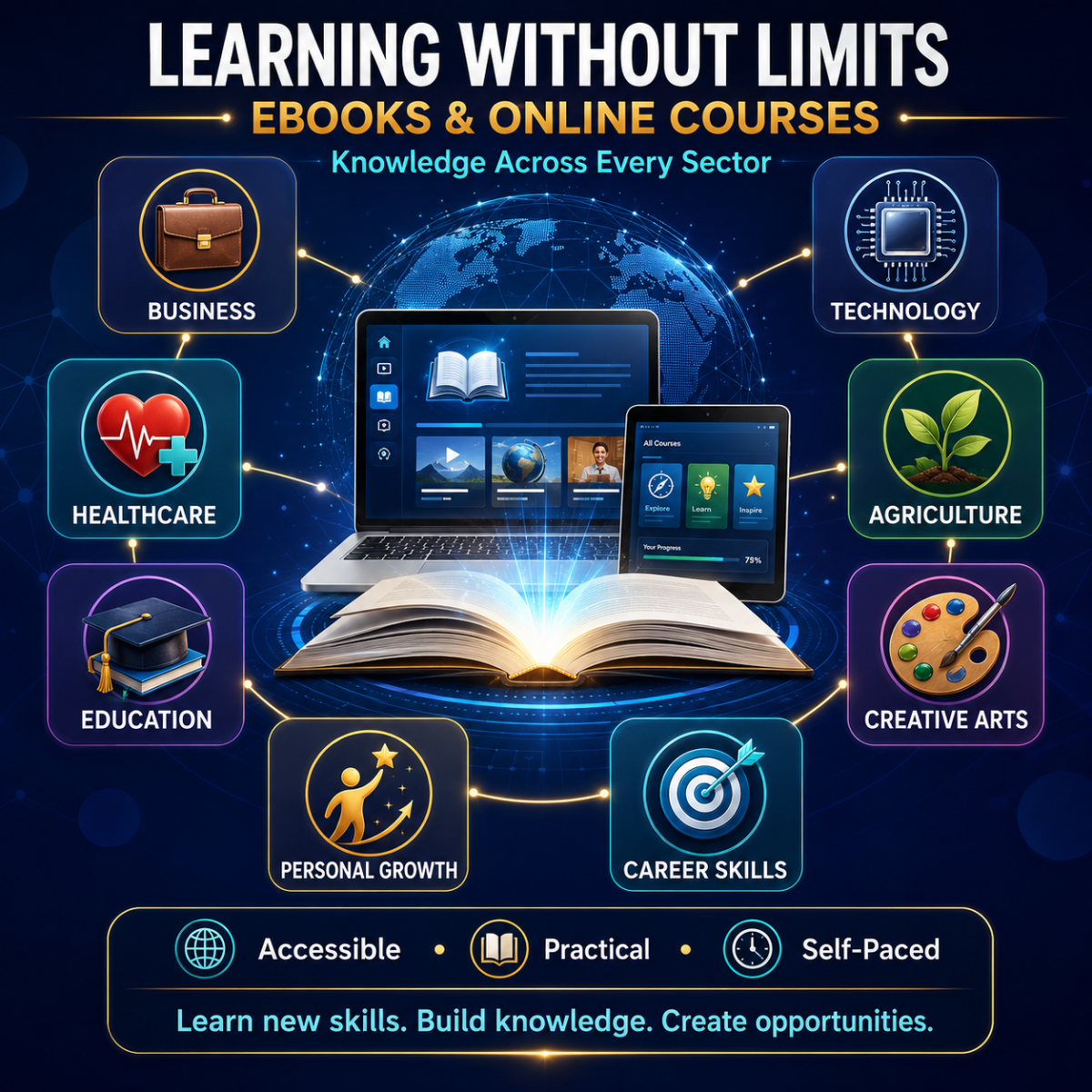 Digital ebooks and online courses across business, technology, healthcare, agriculture, education, creative arts, personal growth and career skills
