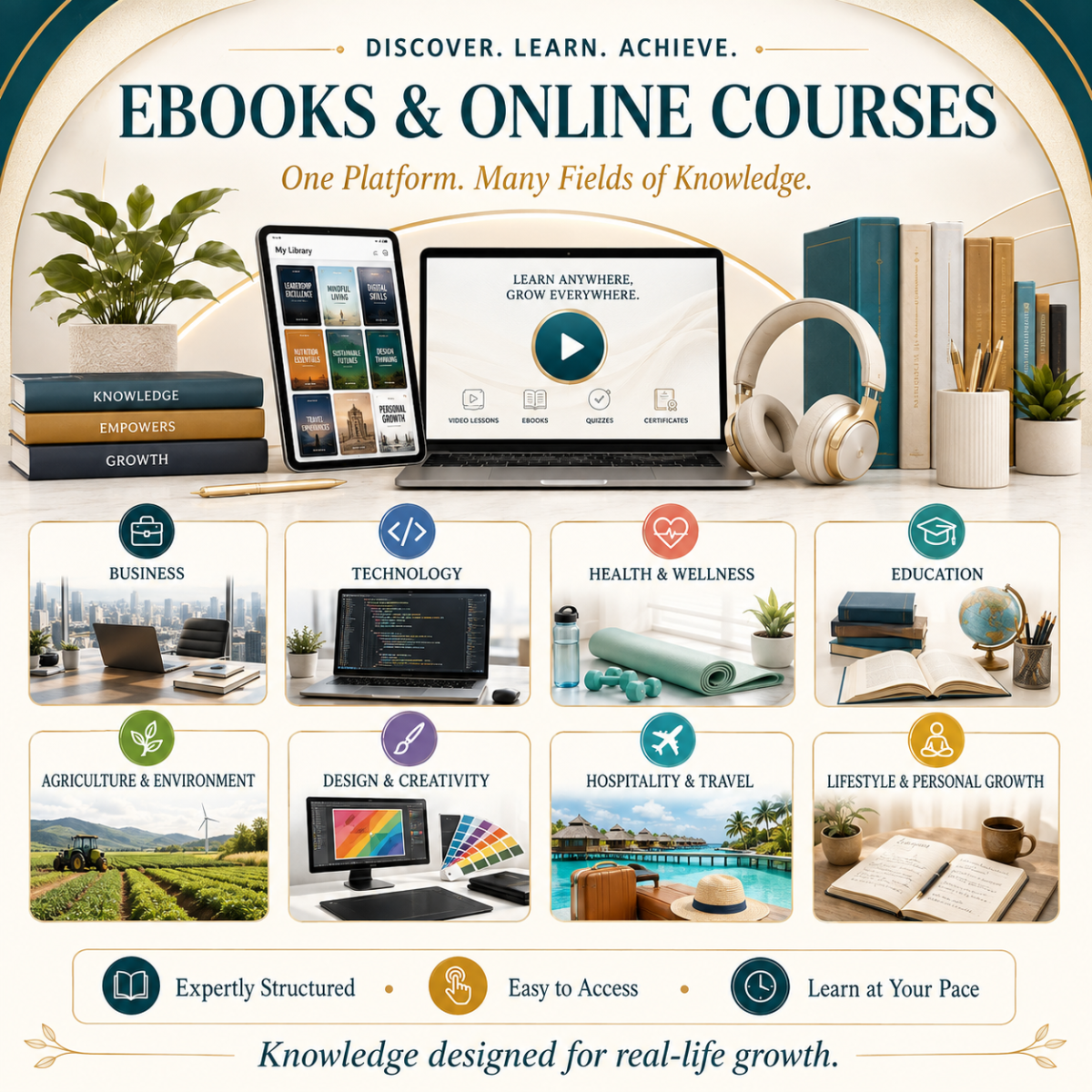 Multi-sector ebooks and online courses covering business, technology, wellness, education, agriculture, design, travel and personal growth