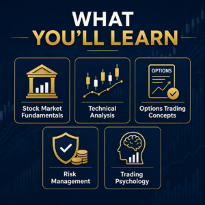Zero to Hero Trading eBook learning topics infographic covering stock market fundamentals, technical analysis, options trading, risk management and trading psychology