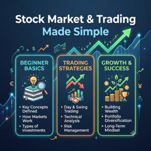Square educational infographic titled 'Stock Market & Trading Made Simple' featuring three glowing neon cards: Beginner Basics, Trading Strategies, and Growth & Success, set against a dark blue background with rising financial chart lines.