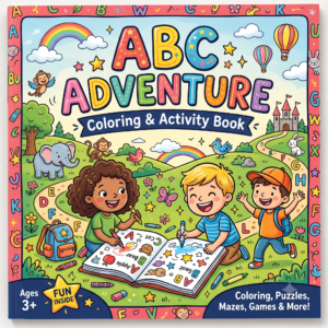Colorful cover illustration of the "ABC Adventure Coloring & Activity Book" featuring three cheerful kids coloring in a playful landscape with animals and letter paths.